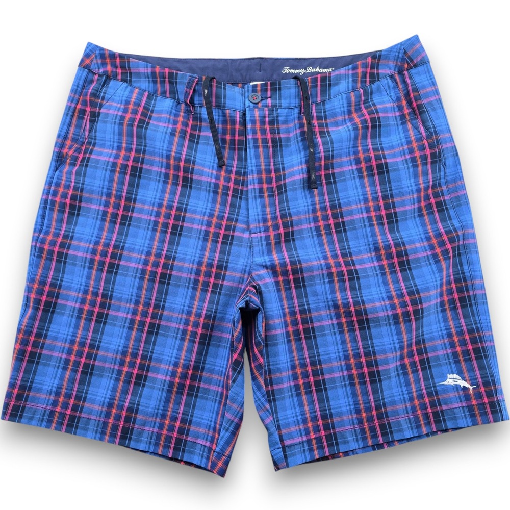 Tommy Bahama Mens 38 Blue Plaid Hybrid Shorts Stretch Quick Dry Marlin Logo 9"